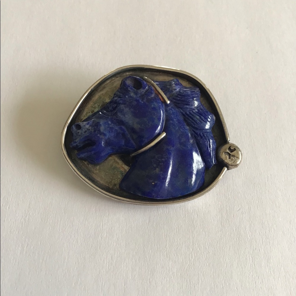 Heavy Sterling Carved Lapis Wild Horse Pendant - Picture 2 of 10